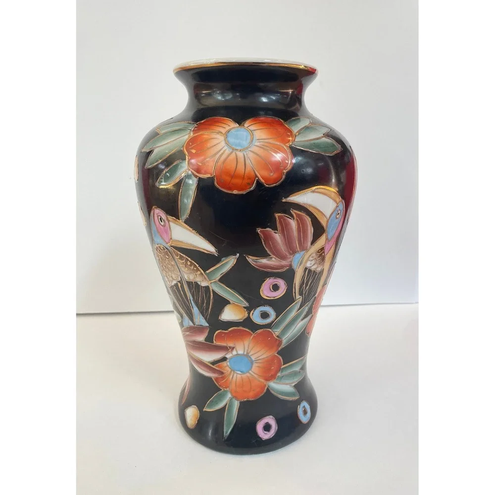 Vintage Black Ceramic Toucan Floral Vase Chinoiserie Gold‎ Cloisonne 12